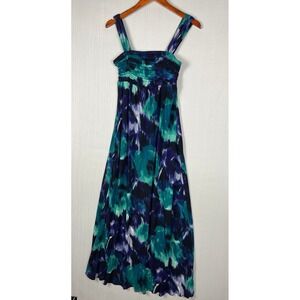 AB Studio Maxi Dress M Teal Purple Abstract Ruched Empire Waist Whimsigoth